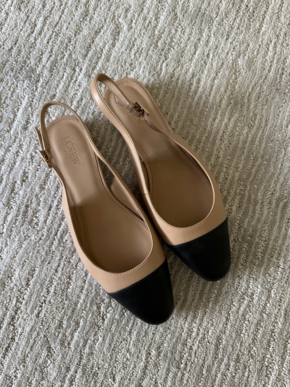 J. Crew Beige and Black Cap-Toe Slingback Flats
